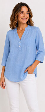 Portocruz Womens Large Blue Gauze Tunic Blouse 3/4 Sleeve Lightweight